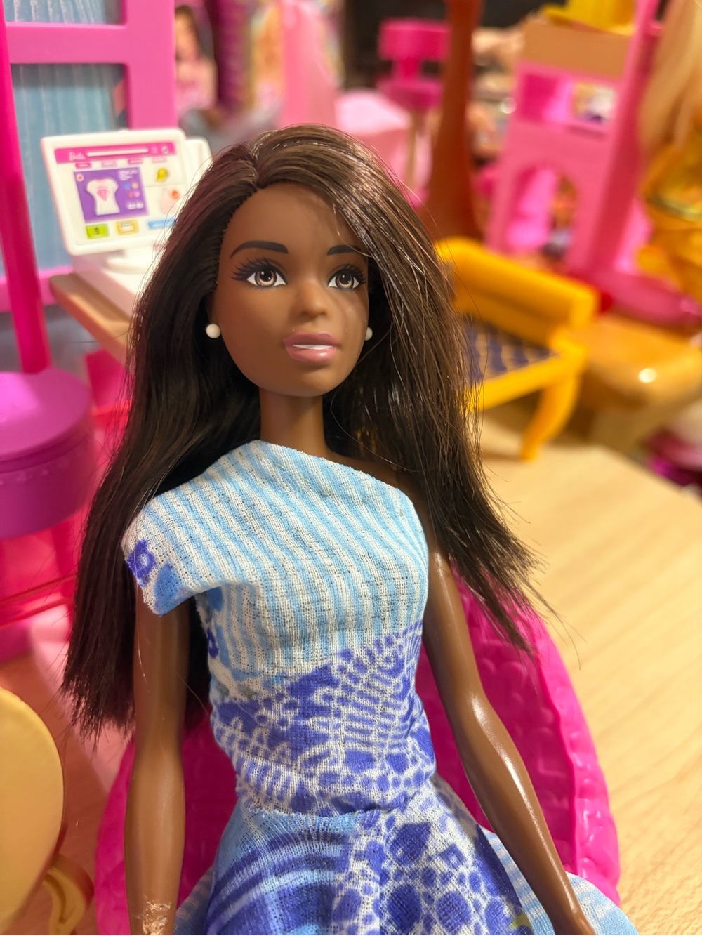 Barbie Doll in Blue and White Patterned Dress